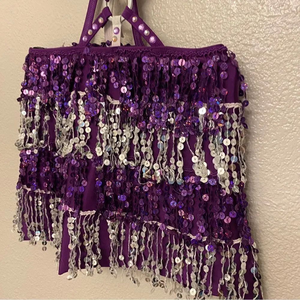 Glamour dance costume purple sequin gems rhinestone fringe embellished child M/L